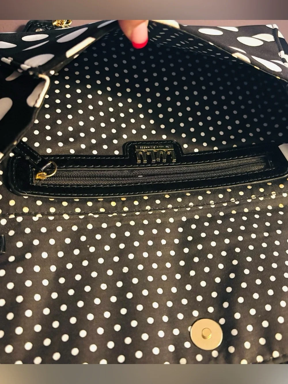 Lulu Guinness Black Polka Dot Bow Clutch with Gold Chain